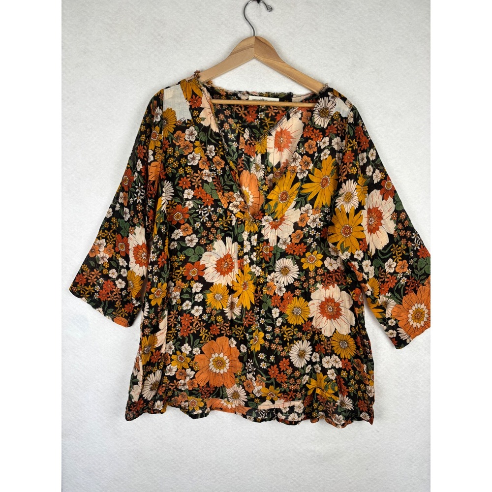Natural Life Floral Cotton Gauze Tunic Top L/XL Boho Retro 70s V-Neck 3/4 Sleeve